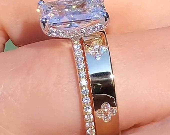 3 CT Radiant Cut Moissanite Halo Bridal Ring Set 14kt Gold Engagement Ring Flush Set 14K Gold Eternity Band Anniversary Gifts For Women