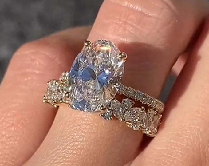 3 CT Oval Moissanite Engagement Ring Set Oval Cut Solitaire 14K Solid Gold Bridal Ring Set With Unique Eternity Marquise Vintage Band Women