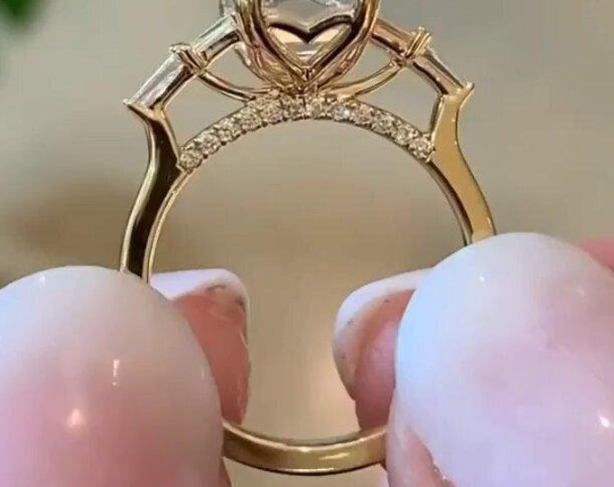 3 CT Emerald Cut Moissanite Engagement Ring Side Baguette Cut Double Prong Moissanite Wedding Ring Solitaire Tulip Set Gifts Ring For Women