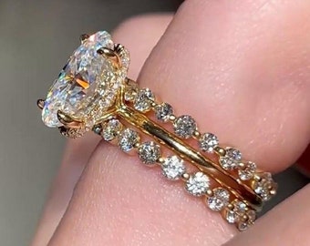 3CT Oval Shaped Moissanite Trio Bridal Ring Set Engagement ring set 14K Solid Gold Diamond With Bubble Wedding Anniversary Gift Ring Set Her
