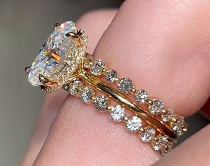3CT Oval Shaped Moissanite Trio Bridal Ring Set Engagement ring set 14K Solid Gold Diamond With Bubble Wedding Anniversary Gift Ring Set Her