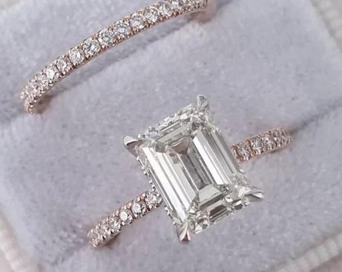 3 CT Emerald Cut Moissanite Engagement Ring Set Yellow Gold Round Band Unique Claws Hidden Halo Anniversary Bridal Set Wedding Ring Set 2PCS