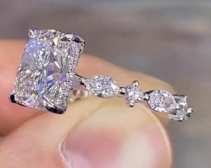 3.5 CT Elongated Cushion Cut Moissanite Engagement Ring Accent Marquise And Round Cut Wedding Ring Hidden Halo Anniversary Ring for Women