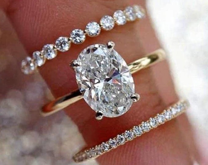 3 CT Oval Cut Moissanite Engagement Ring 14K Gold Moissanite Bridal Trio Wedding Ring Set With Round Bubble Band Anniversary Gift For Women