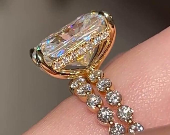 3 CT Radiant Cut Moissanite Halo Bridal Ring Set 14kt Gold Engagement Ring Round Cut Bobble Eternity Band Anniversary Gifts For Women