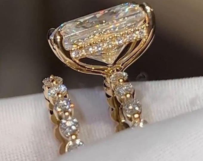 4 CT Radiant Cut Moissanite Halo Bridal Ring Set 14kt Gold Engagement Ring Round Cut Bobble Eternity Band Anniversary Gifts For Women