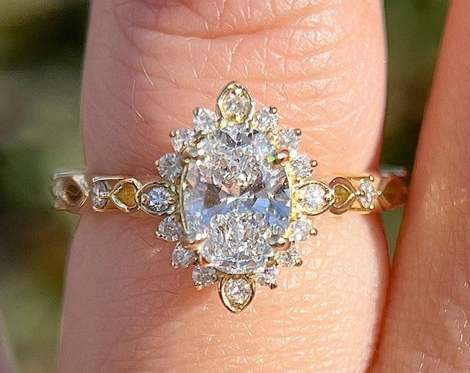 3 CT Oval Cut Moissanite Engagement Ring Flower Set Halo ArtDeco Wedding Ring 14K Solid Gold Anniversary Ring Promise Ring Gifts For Women