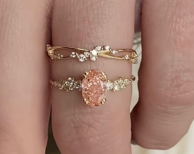 2 CT Oval Cut Lab Grown Bridal Ring Set 14kt Gold Engagement Ring Round Cut Bobble Eternity Band Anniversary Gifts For Women