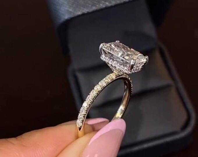 3 CT Radiant Engagement Ring 14K Solid Gold Ring Hidden Halo Moissanite Wedding Ring Thank You Gift For Women Promise Anniversary Gift Ring