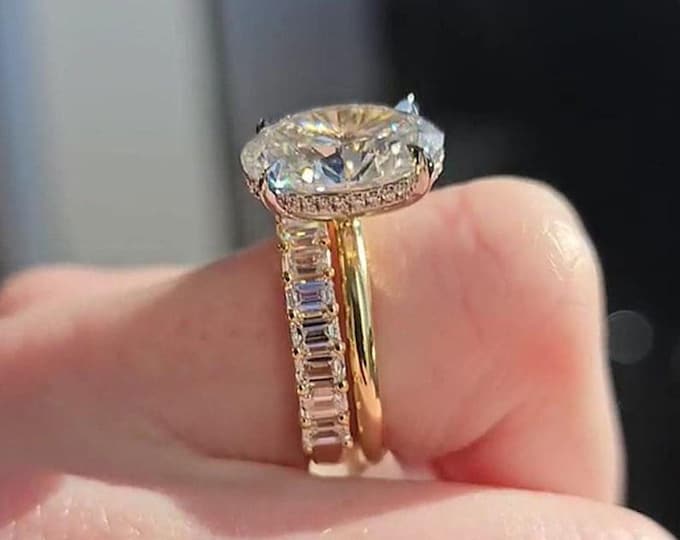 3 CT Oval Moissanite Engagement Ring Set Oval Cut Solitaire 14K Solid Gold Bridal Ring Set With Emerald Cut Full Vintage Gifts Band For Her