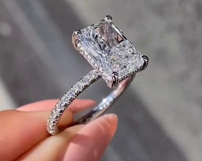 3 CT Radiant Cut Moissanite Engagement Ring Classic 4 Claw Prongs With Invisible Halo Ring Pave Solitaire Thank You Gift Wedding Ring Women
