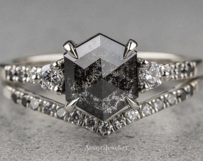 Black Speckled Hexagone Salt And Pepper Diamond 14K Solid White Gold Ring Engagement Wedding 1.51 CT Gift Ring Set Unique Natural Diamond
