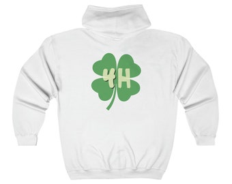 Here is a  4-H Hooded Sweatshirt Front emblem of 4-H Clover  while the back has the larger 4-H Clover Unisex Full Zip Hooded Sweatshirt