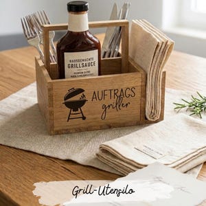Grill-Utensilo Holz | Grill-Organizer Besteckhalter | Geschenk Grillmeister Männer Vatertag | Personalisierte Grilldeko Serviettenhalter