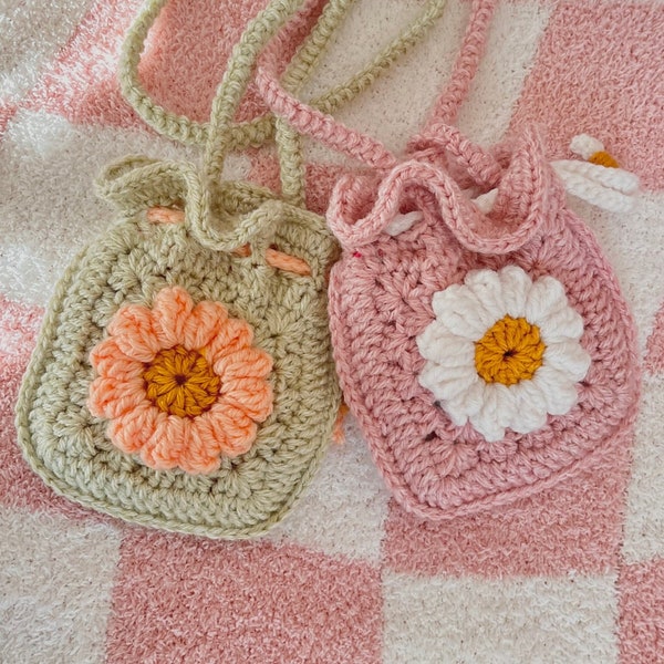 Daisy Bitty Bag | MADE TO ORDER | toddler purses, drawstring bag, daisy purse for kids, crochet mini purse, crochet hang bag, toddler tote