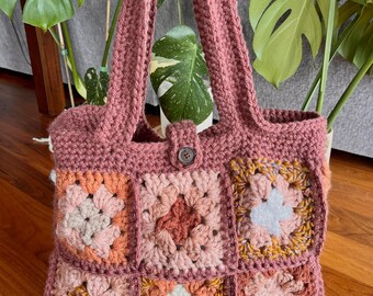 Crochet Tote Bag | granny square shoulder bag, big crochet tote bag, project bag, crochet purses, overnight tote bag, travel purse