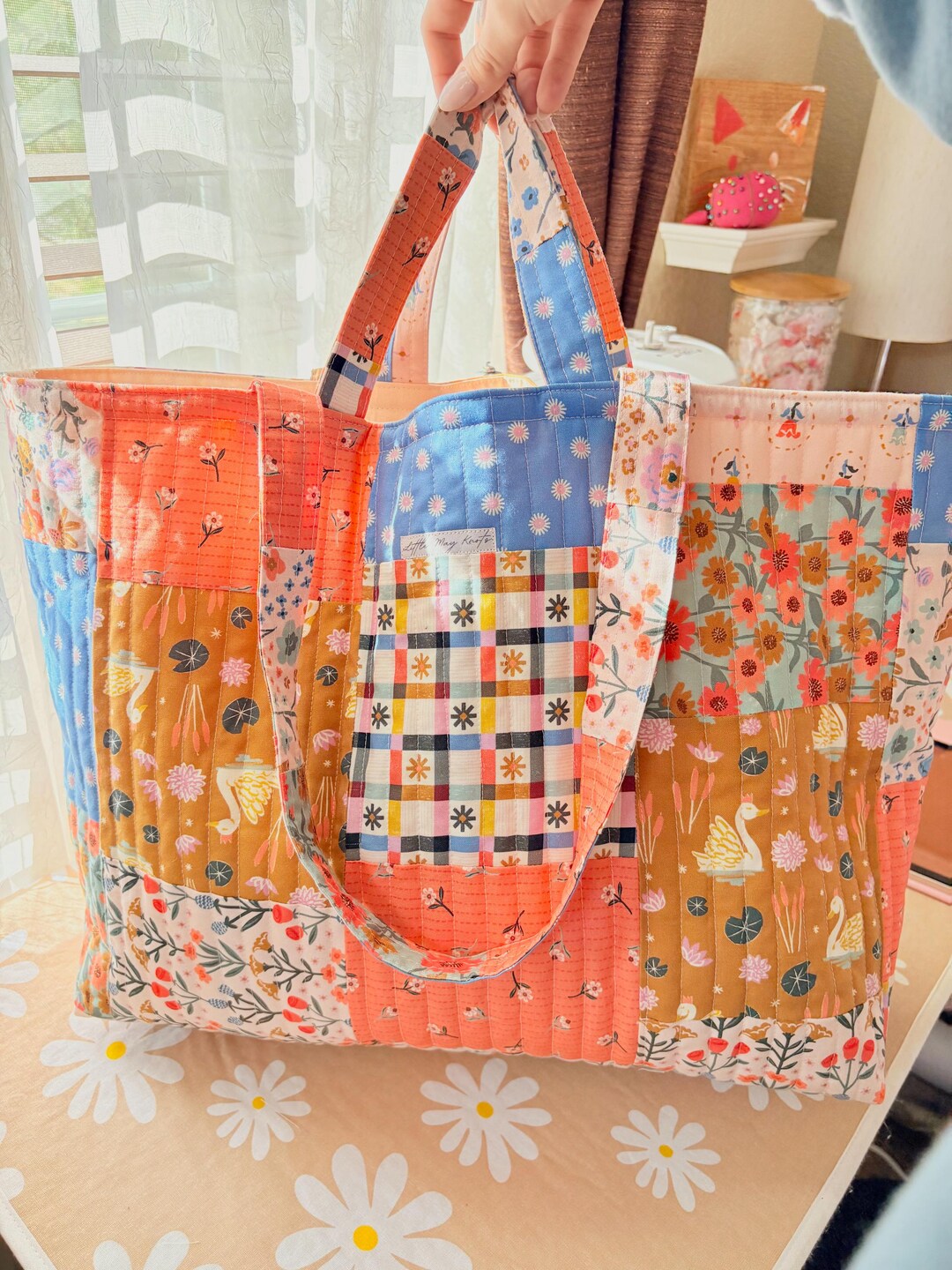 Custom Patchwork Quilted Tote Bag: Large Drawstring Travel Purse - Etsy