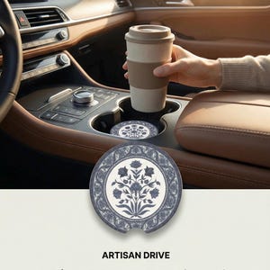 Floral Soapstone Car Coasters Blue White | Absorbent Cup Holder Insert Set | Decorative Car Accessories
