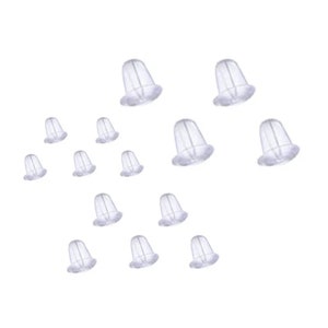 Può includere: Un set di 15 dorsi per orecchini in plastica trasparente. I dorsi hanno la forma di piccole campane con un fondo piatto.