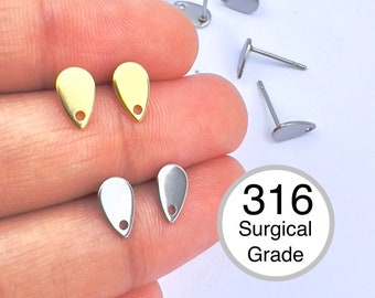10Pcs- 316 Surgical Grade Steel Teardrop/petal Stud post/connector, 14K Gold plating/ Steel, Hypoallergenic, Jewelry Making, Supply, Finding