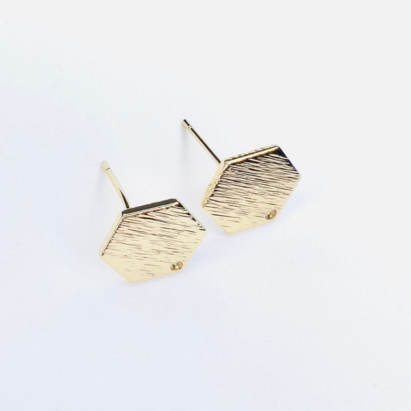 10Pcs- Brass Textured Hexagon Earring Stud Post, 18K Gold/ White gold Plating, Geometric Stud, Stainless Steel Pin, component, findings