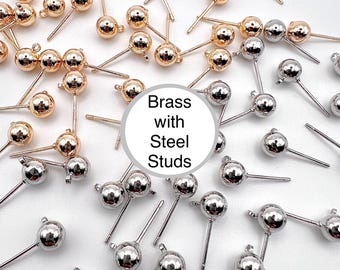 10Pcs- Brass Ball Stud posts with Stainless Steel studs/ pin, 6mm/ 4mm connectors, Extra Shiny, Jewelry making supply, components, findings