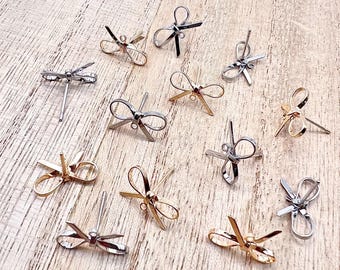 10Pcs- Brass Bow Shaped Earring Connector Posts with loop, 18k Gold/ Rhodium Plated, Stainless Steel Pin, Jewelry making supply, findings