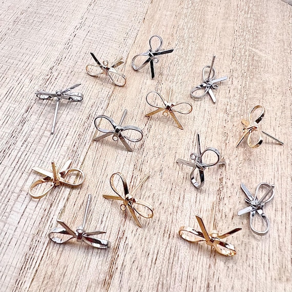 10Pcs- Brass Bow Shaped Earring Connector Posts with loop, 18k Gold/ Rhodium Plated, Stainless Steel Pin, Jewelry making supply, findings