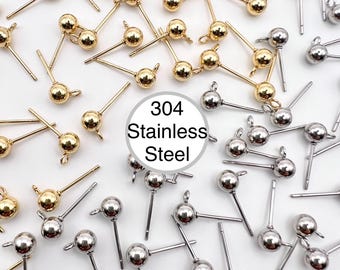 10Pcs- 304 Stainless Steel Ball posts, 14K Gold plating/ Steel color- 6mm/ 5mm/ 4mm Ball Stud posts, Jewelry Making, Supplies, Findings