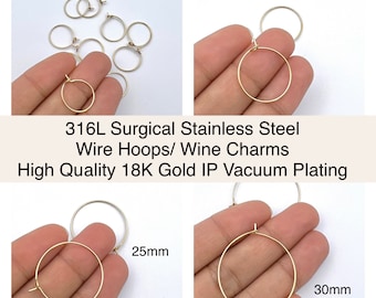 10Pcs- 316L Surgical Steel, High Quality 18K Real Gold IP Vacuum Plating, Earring wire hoops, Wine charms, Jewelry Making Supply