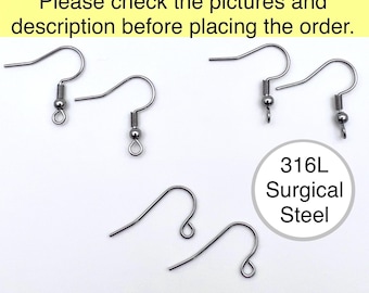 316L Surgical Grade Stainless Steel Earring Hooks, Perpendicular Fish/ French Ear Wires with Ball, Jewelry Making Findings