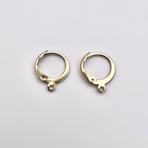 May include: Two gold-toned earring hooks with a hinged closure. The hooks are made of metal and have a smooth finish.