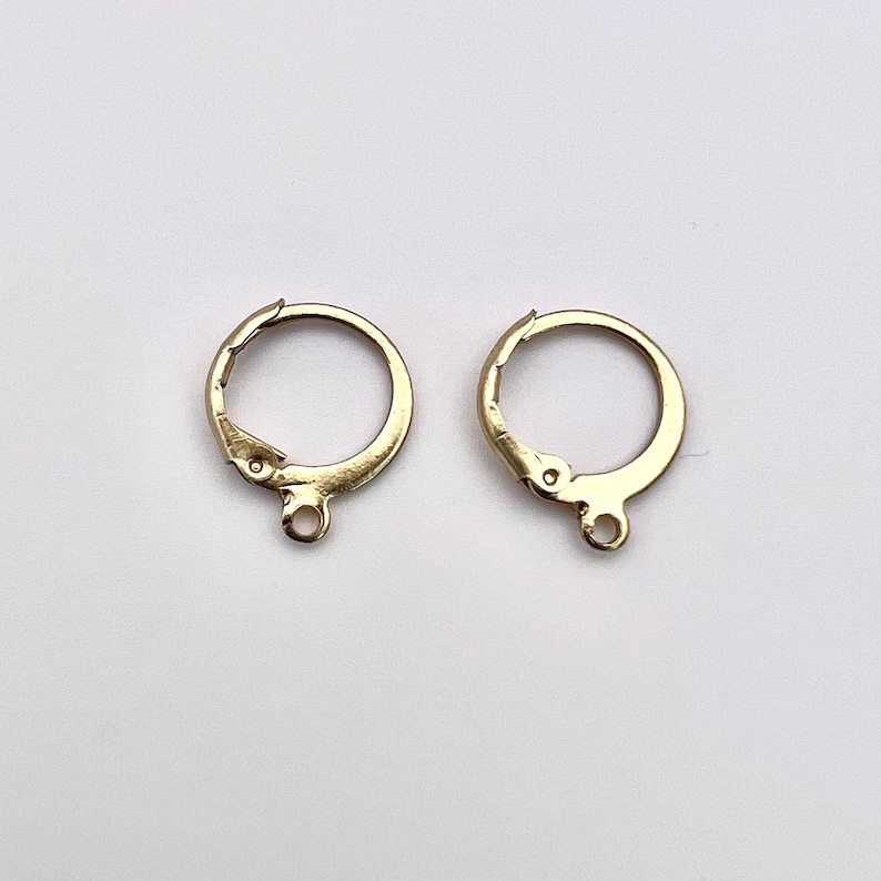 May include: Two gold-toned earring hooks with a hinged closure. The hooks are made of metal and have a smooth finish.