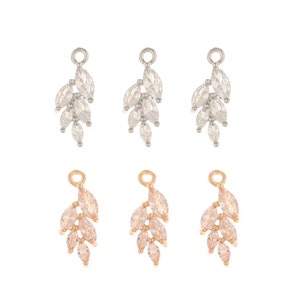 10Pcs- CZ Pave Leaf Charm, KC Gold/ Silver Tone Crystal Narrow leaf Charm Pendant Connector, Earring findings, charms, Bezel connector