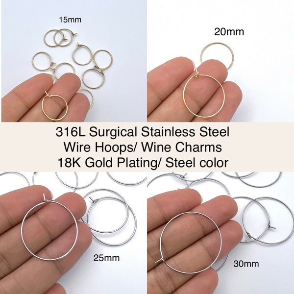 10Pcs- 316L Surgical Steel, 18K Real Gold Plating/ Steel color- Earring wire hoops, Earring findings, Wine charms, Jewelry Making Supply