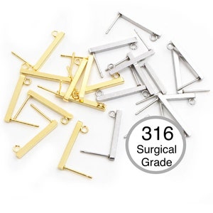 10Pcs- 316 Surgical Grade Steel Pin/ needle T-Bar Stud posts/ connector, 18K Gold plating/ Steel color, Jewelry Making, Supplies, Findings