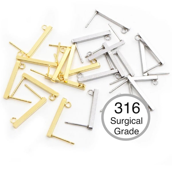 10Pcs- 316 Surgical Grade Steel Pin/ needle T-Bar Stud posts/ connector, 18K Gold plating/ Steel color, Jewelry Making, Supplies, Findings