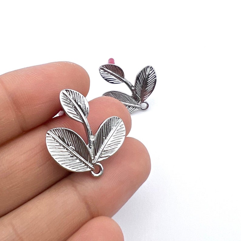 10pcs Bright Yellow Gold/ Rhodium tone earring post, Alloy Triple Leaf connector, Stainless Steel Needle, earring findings jewelry supply, Rhodium