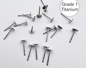 20Pcs-Grade 1 Titanium Earring Flat Post studs, 5mm x 12mm, Nickel Free, Polished Titanium finish, Earring Findings, Flat pads, Supply