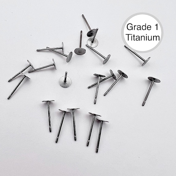 20Pcs-Grade 1 Titanium Earring Flat Post studs, 5mm x 12mm, Nickel Free, Polished Titanium finish, Earring Findings, Flat pads, Supply