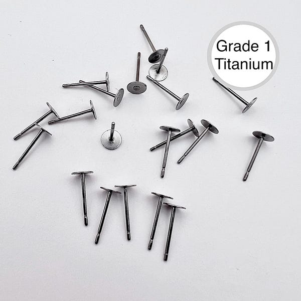 20Pcs-Grade 1 Titanium Earring Flat Post studs, 5mm x 12mm, Nickel Free, Polished Titanium finish, Earring Findings, Flat pads, Supply