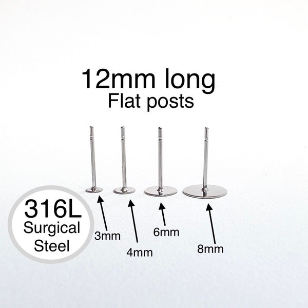 316L Surgical Grade Stainless Steel Earring 12mm long flat Post, base sizes- 3mm, 4mm, 6mm, 8mm, Earring Findings, Earring making back post