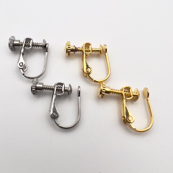 10Pcs- 316 Surgical Grade Steel Clip-on Earring Connector, non-piercing, 18k Gold Plating/ Steel color, fake screw in hoop finding, supply