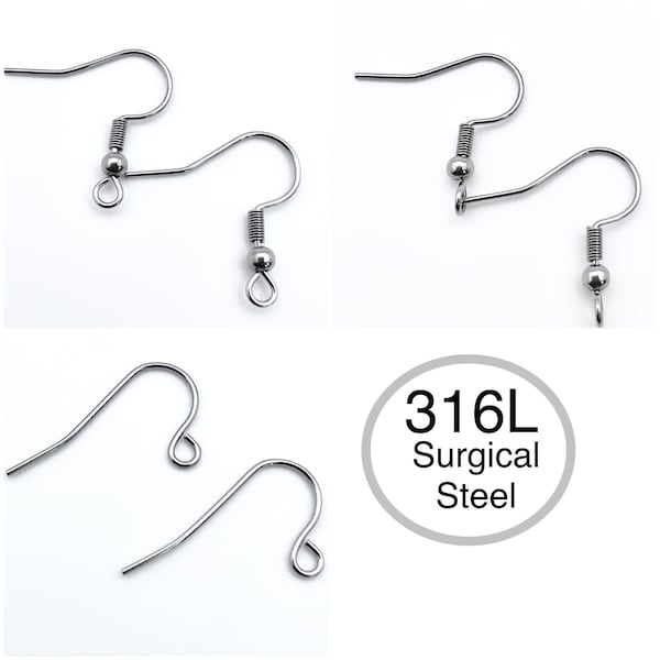 316L Surgical Grade Stainless Steel Earring Hooks, Perpendicular Ear Wires Fish/ French hooks with Ball, Jewelry Making, Earring Findings