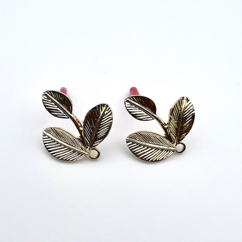 10pcs Bright Yellow Gold/ Rhodium tone earring post, Alloy Triple Leaf connector, Stainless Steel Needle, earring findings jewelry supply, image 4