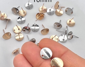 10Pcs-10mm Round Curved Brushed Brass Earring Stud, 18K Real (KC)/White Gold Plating, Stainless Steel Needle, Finding, jewelry making supply