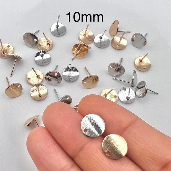 10Pcs-10mm Round Curved Brushed Brass Earring Stud, 18K Real (KC)/White Gold Plating, Stainless Steel Needle, Finding, jewelry making supply