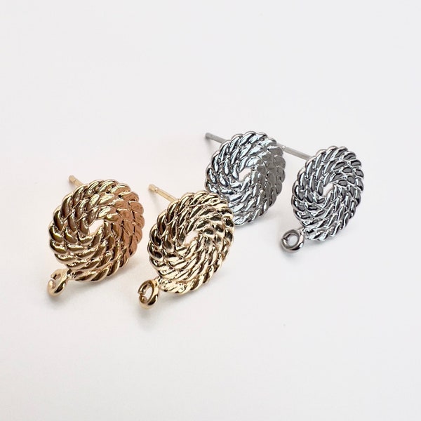 10Pcs- Unique Imitation rope Earring Stud Post, Stainless steel needle, 18K Gold/ Rhodium Plating, jewelry making Supplies, findings