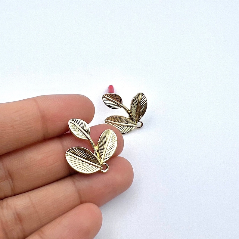 10pcs Bright Yellow Gold/ Rhodium tone earring post, Alloy Triple Leaf connector, Stainless Steel Needle, earring findings jewelry supply, Bright Yellow