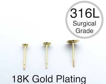 50Pcs-316L Surgical Grade Stainless Steel Earring flat Post, 3mm, 4mm, 6mm, 18k gold plated, Earring Findings, Earring making back post